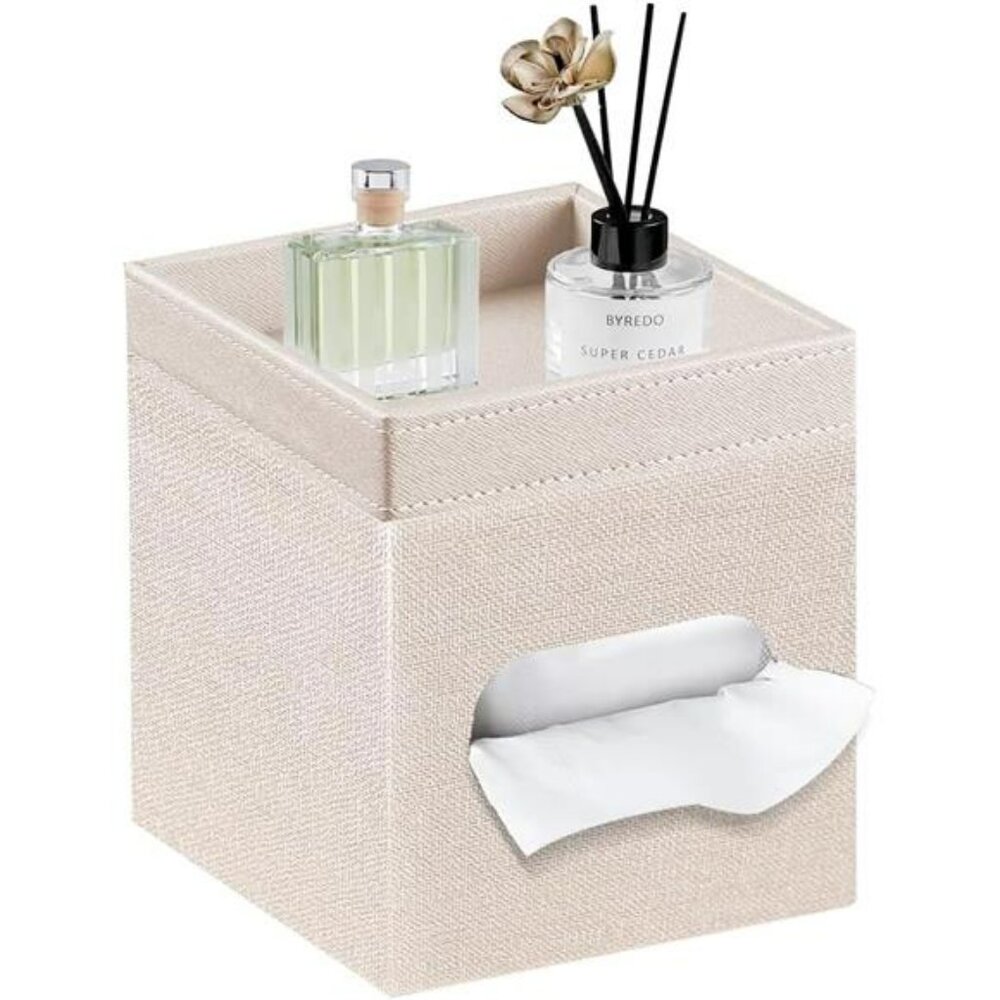 PU leather tissue box cover with storage tray bathroom bedroom office organizer